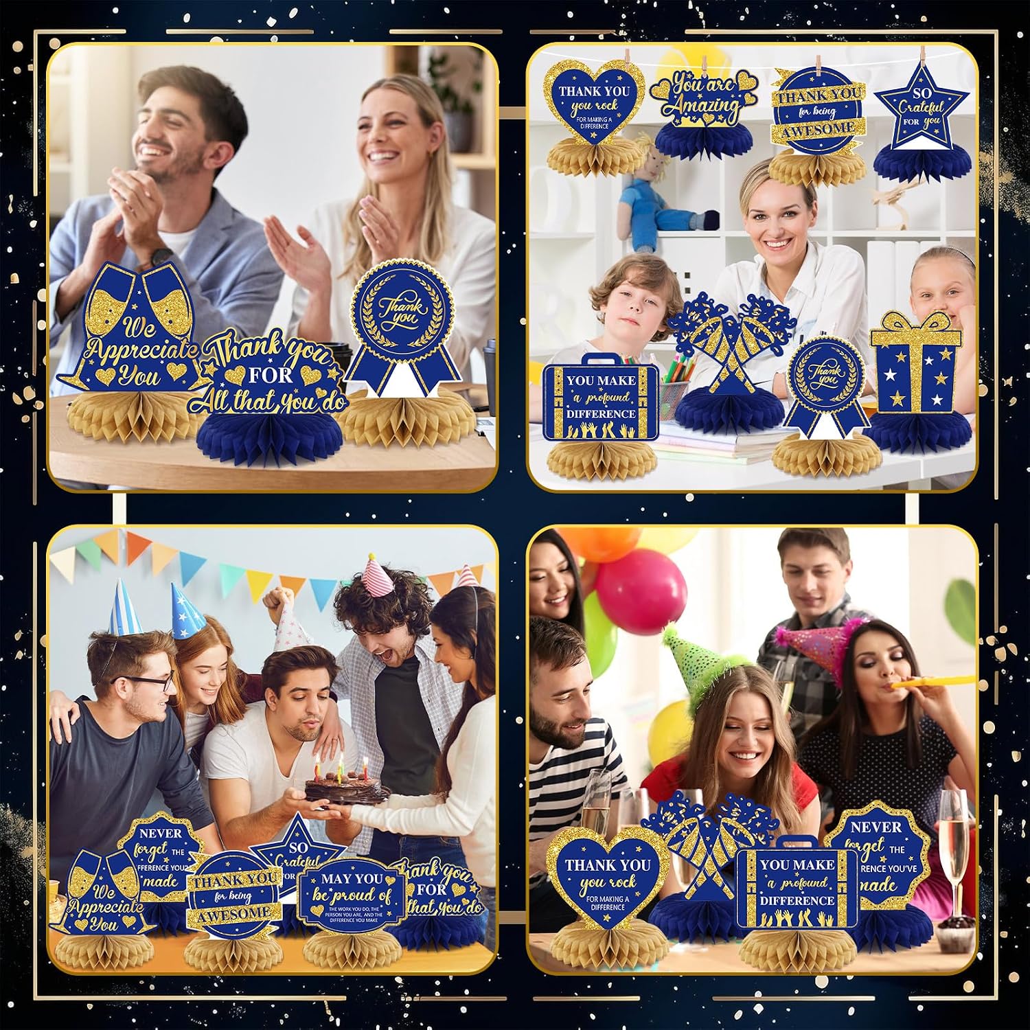 12 Pcs We Appreciate You Decoration Thank You Honeycomb Centerpiece Employee Appreciation Table Decorations Thank Table Topper for Doctor Employee Party Supplies(Gold and Blue)