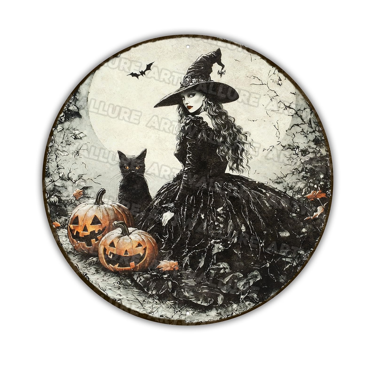 Round Halloween Pumpkin Witch Vintage Sign Halloween Black Cat Metal Tin Sign for Home Bar Kitchen Hotel Dining Room Coffee 8x8inch