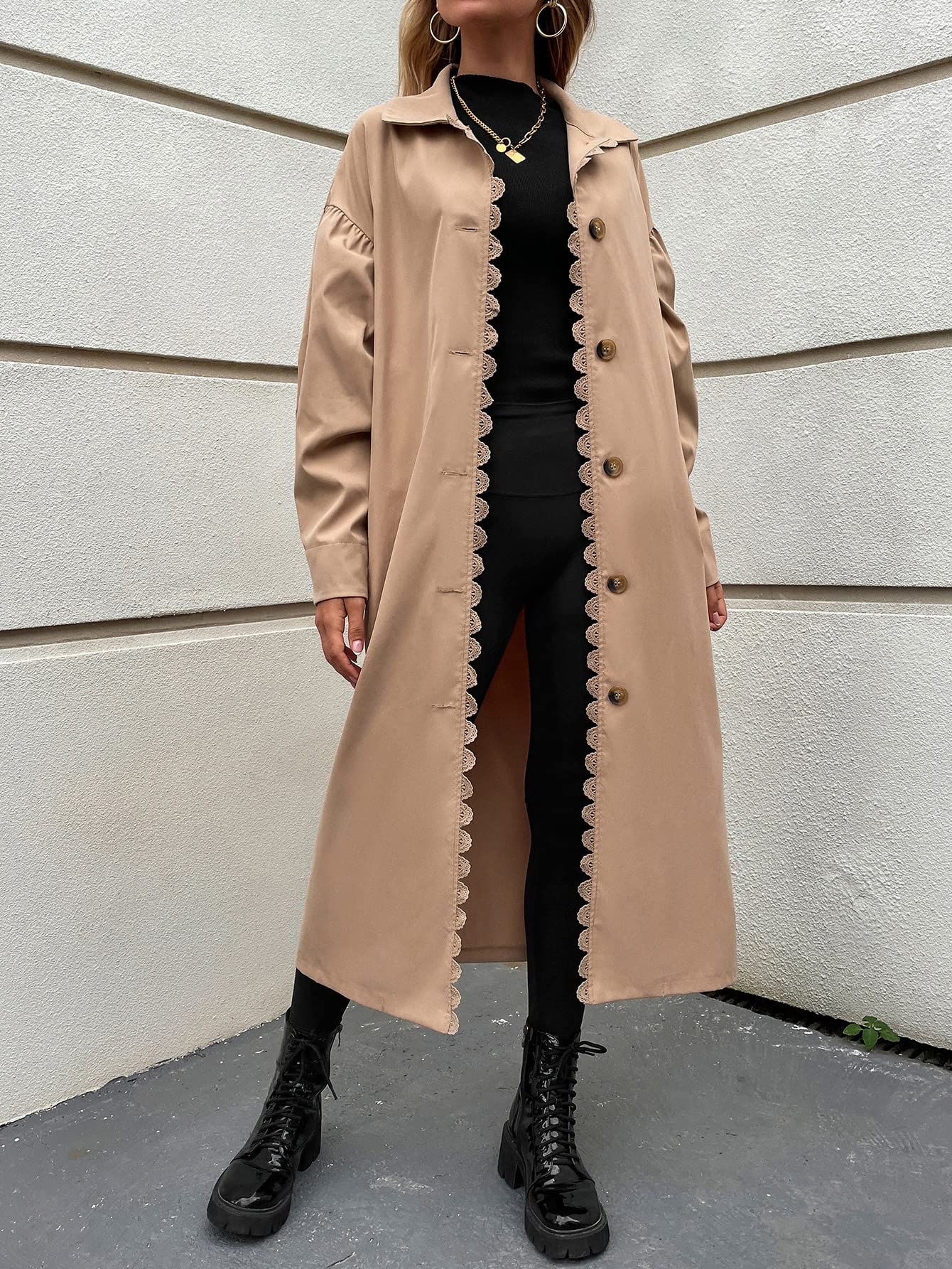 Psampa Drop Shoulder Guipure Lace Detail Scallop Trim Trench Coat