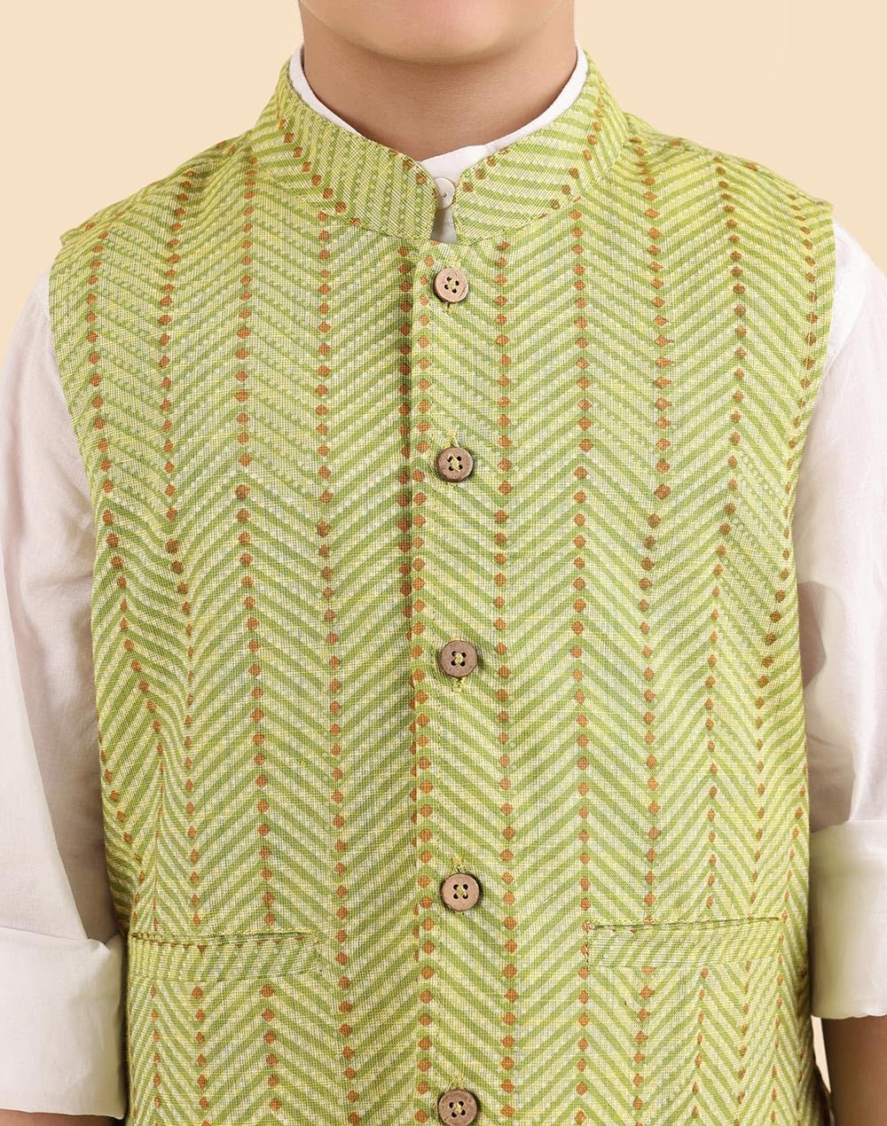 Fabindia Giacca Nehru con colletto mandarino stampato verde per bambini, verde, 3-4 anni