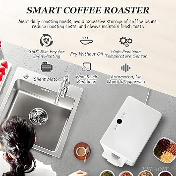 1Kg Electric Coffee Roaster Machine, 1600W Home Roasting for Coffee, Chestnuts & Grains - Adjustable Timer & Temperature Control, Perfect Roast Every Time, Black