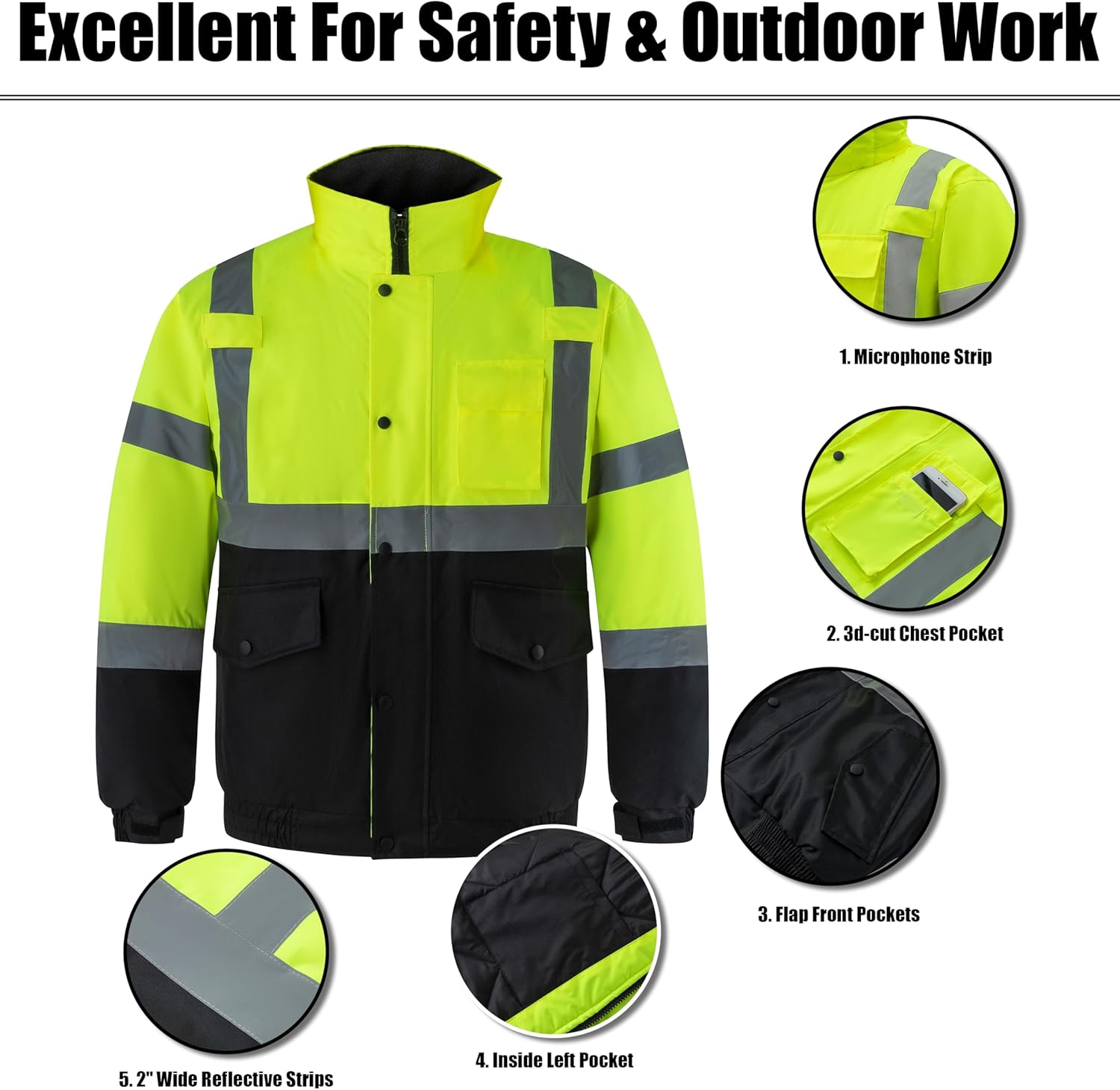 Ubon High Visibility Winter Safety Jackets for Men, Waterproof Reflective Hi Vis Construction Worker Jacket for Cold Weather - Image 5