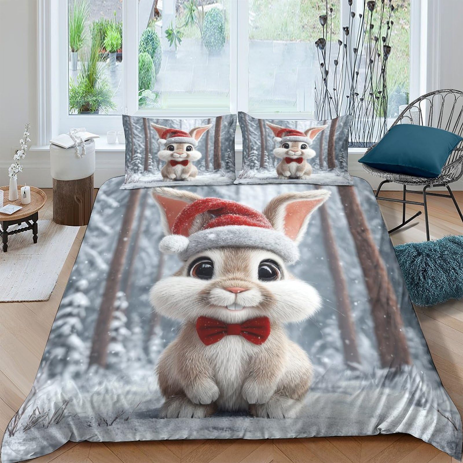 Ctjqhvkz Style-7 3D Printed Christmas Bunny Fitted Sheet Microfiber Soft Anti-Slip Winter Forest Bed Cover For Bedroom Guest Room Single（135X200cm）