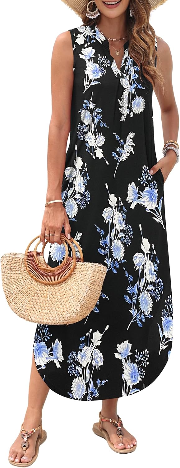 AUSELILY Womens Summer Casual Maxi Dresses 2026 Sleeveless Long Beach Dresses V Neck Loose Sundresses with Side Split Pockets - Image 2