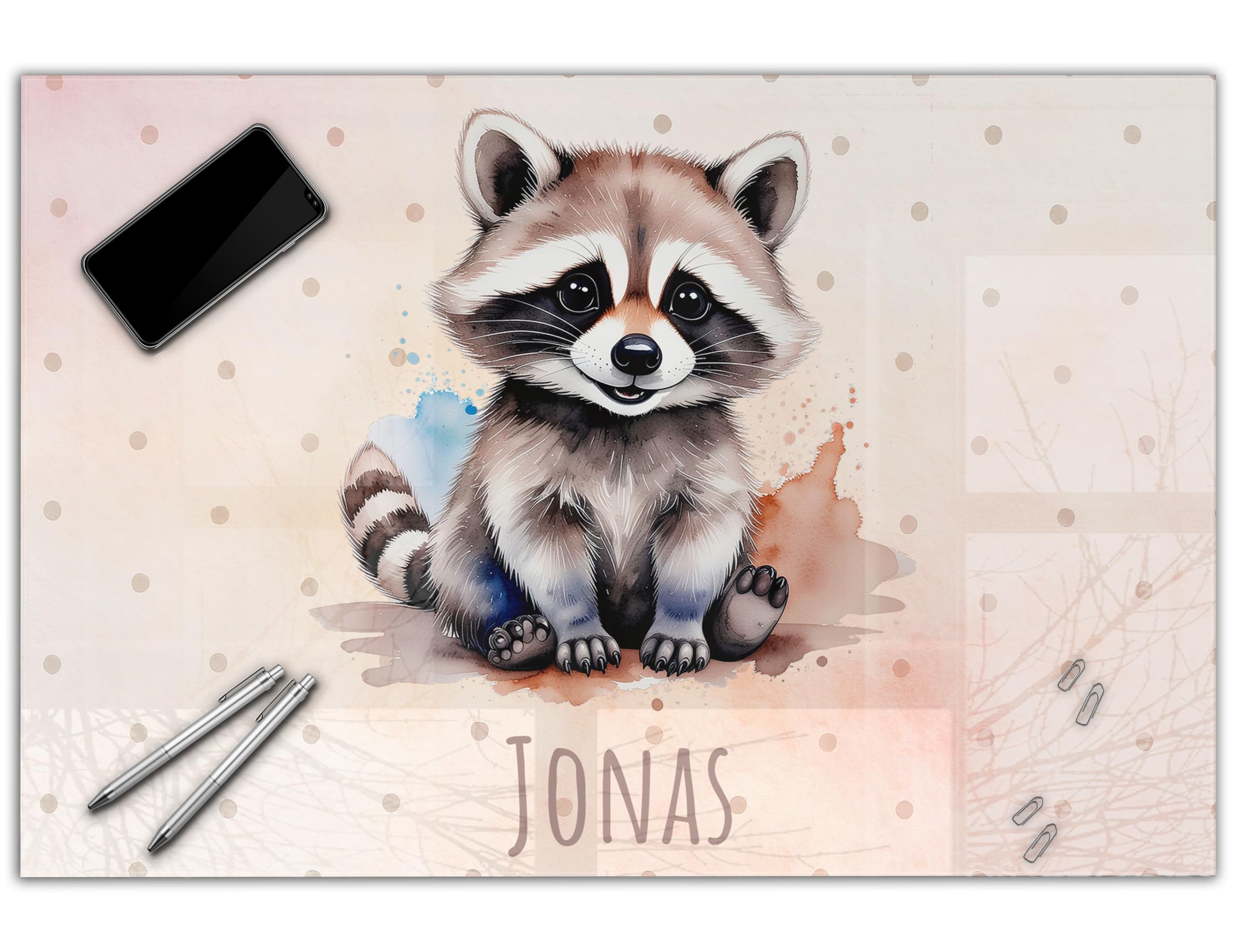 Schreibtischunterlage personalisiert mit Namen | 80 x 50 cm Waschbär | wasserfeste Schreibunterlage, abwischbar, glatt | stabiles, hochwertiges Acrylglas, Kinder Kunststoff Motiv Tiere