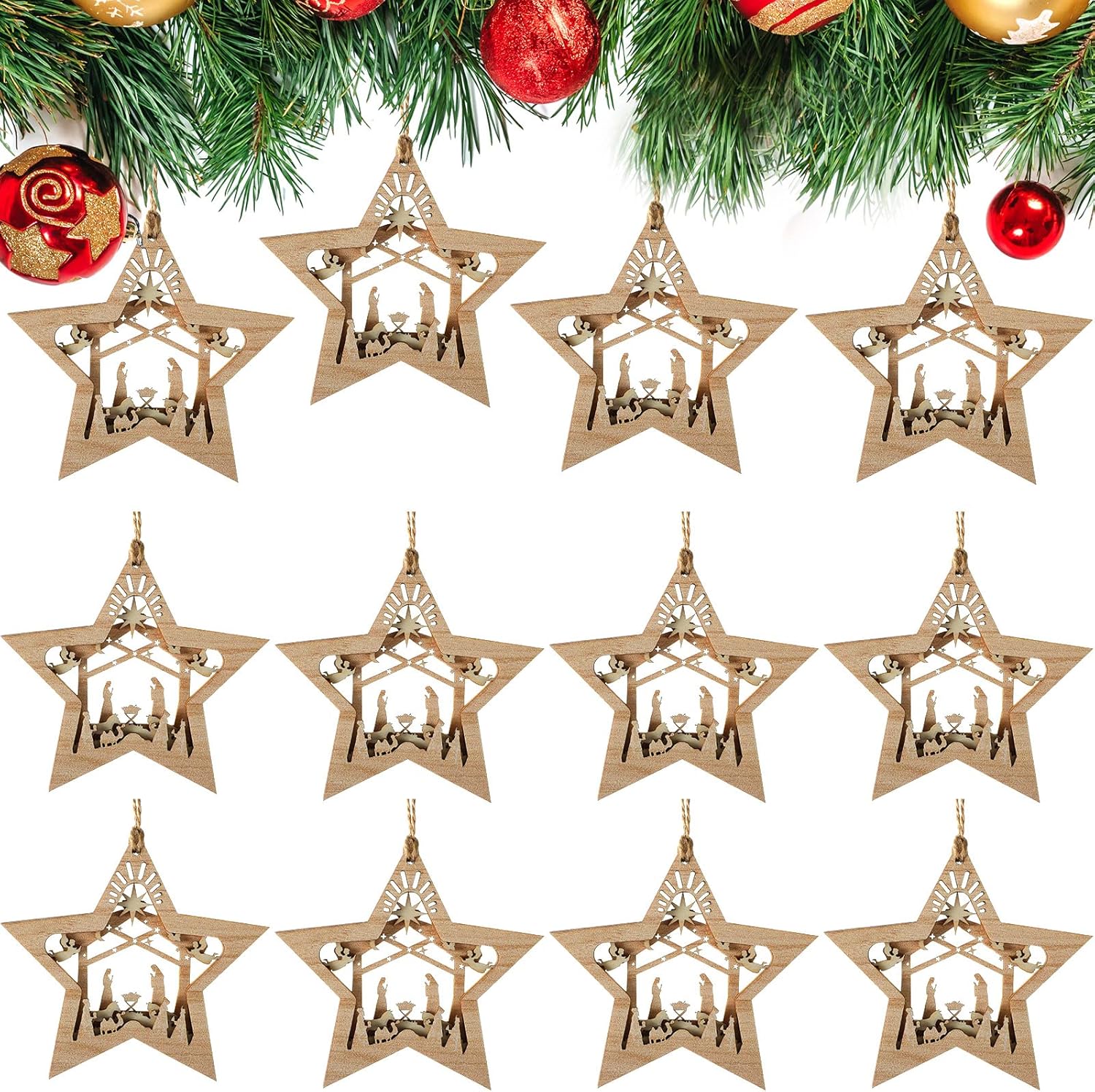 Blulu 24 Pieces Christmas Nativity Scene Ornaments Gift Set Bulk 3D Christian Wooden Hanging Ornament Xmas Tree Nativity Ornament The Birth of Jesus Story Religious Gift for Family (Cross)
