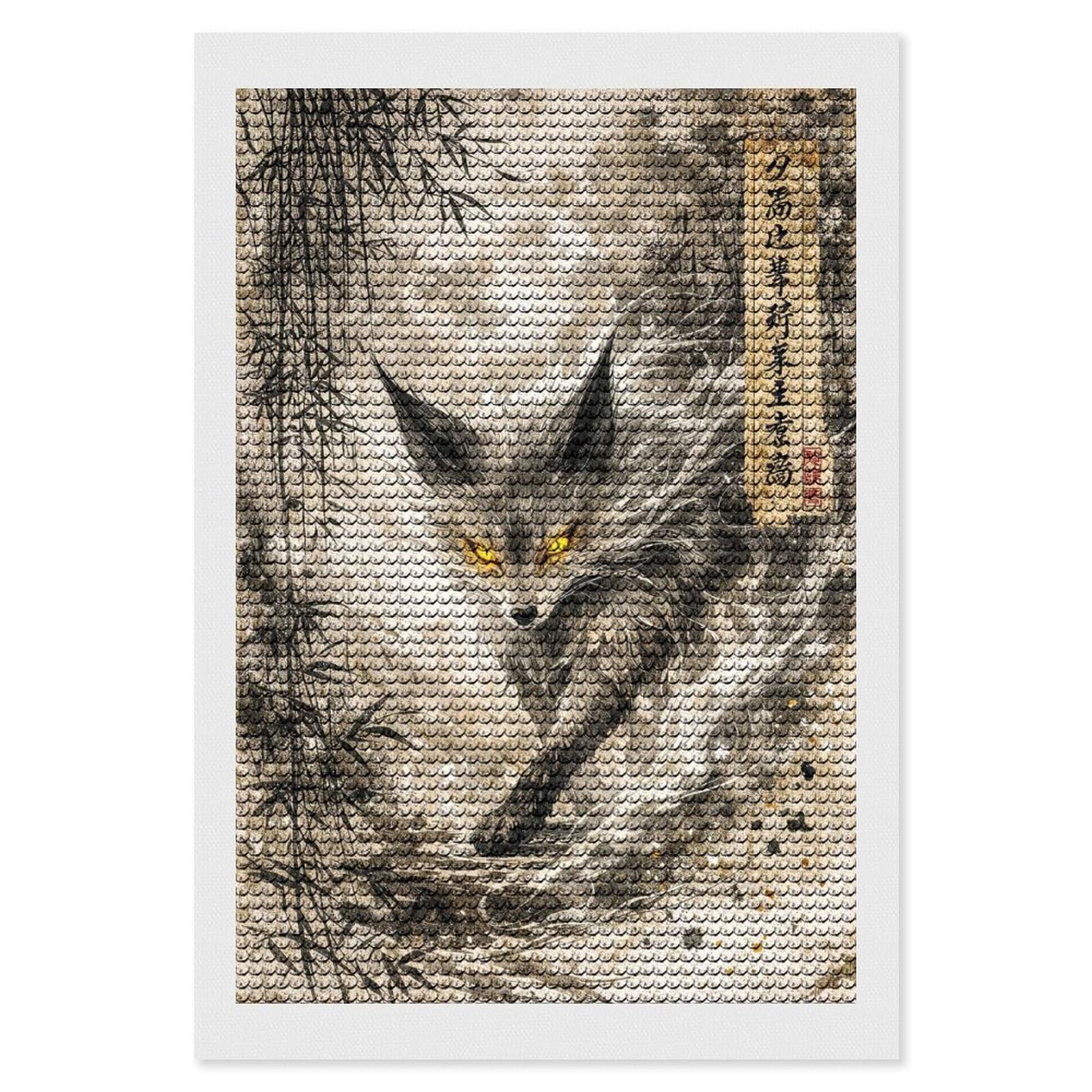 Junmoney Mystical Fox Under The Moon Diamond Art Kit 8"x12", Vintage Style Decor, Stress Relief Craft, Decor Project, Relaxing DIY, Creative Hobby
