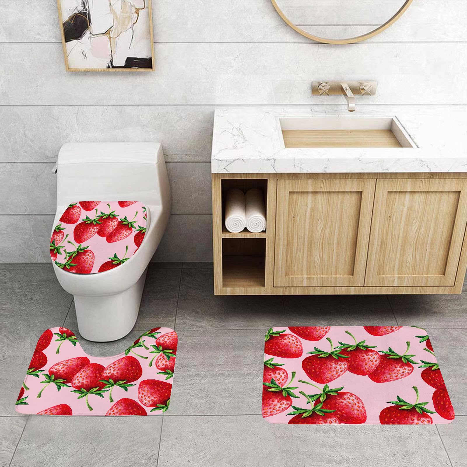 Set di 3 tappetini da Bagno, Lavabili in Lavatrice e Antiscivolo, in Morbida Fibra Superfine, con Motivo a Fragole Disegnato a Mano su Sfondo Rosa.