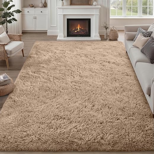 8x10 Area Rug Living Room Bedroom: Fluffy Plush Shag Carpet Beige