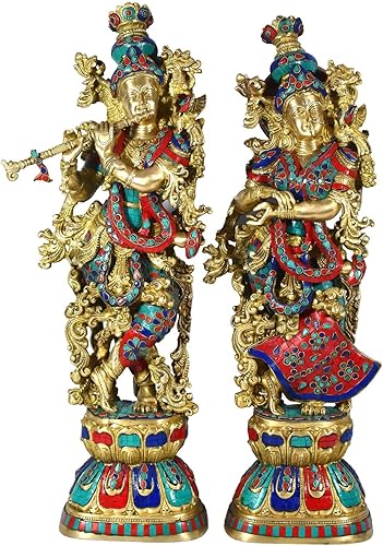 Aakrati Devyom Devyom - Estatua grande de latón para pareja, Radha Krishna, escultura de estatua grande turquesa para decoración del hogar, templo