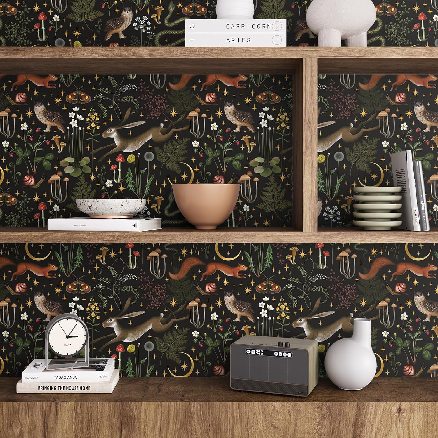 VEELIKE Black Woodland Mushroom Peel and Stick Wallpaper Boho Fairy Forest Wallpaper for Kids Room Nursery 17.7''x354'' Removable Adhesive Flower Wall Paper Black Botanical Contact Paper for Cabinets