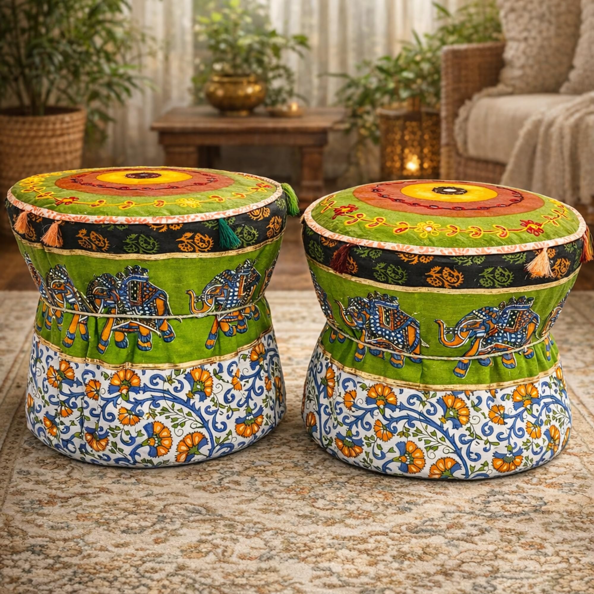 Green Elephant Traditional Boho Pouffe Ottoman Cover Round Mandala Print Cotton Footstool Set of 2 Pieces Cover ONLY-image-27