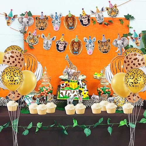 Miniatura 4 de Animales de safari, decoraciones de fiesta, animales, pancarta de cumpleaños, decoración de cupcakes y globos para niños y niñas, animales salvajes