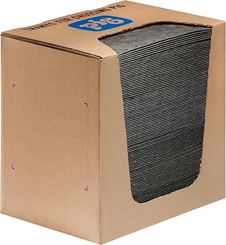 New Pig, 100 almohadillas en caja despachadora que absorben aceite, solventes, líquido refrigerante y agua, alta absorción de 12 onzas, de 13 pulgas