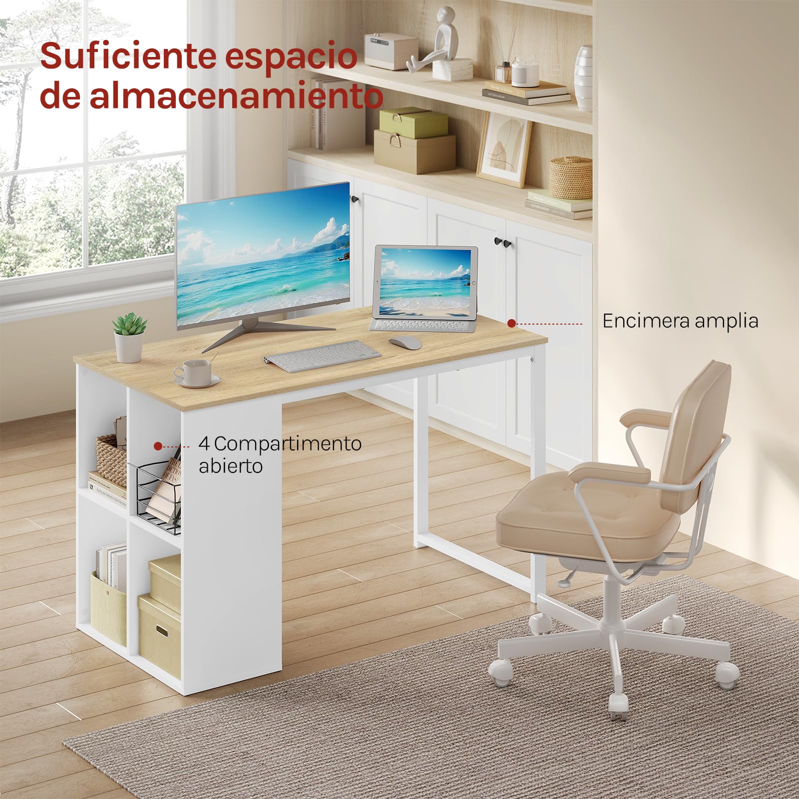 WOLTU Escritorio de Oficina con Estantería y Almacenamiento, Blanco Brillante, 120x60x75 cm, Mesa Estudio Multifuncional para Ordenador, Dormitorio, Estudio