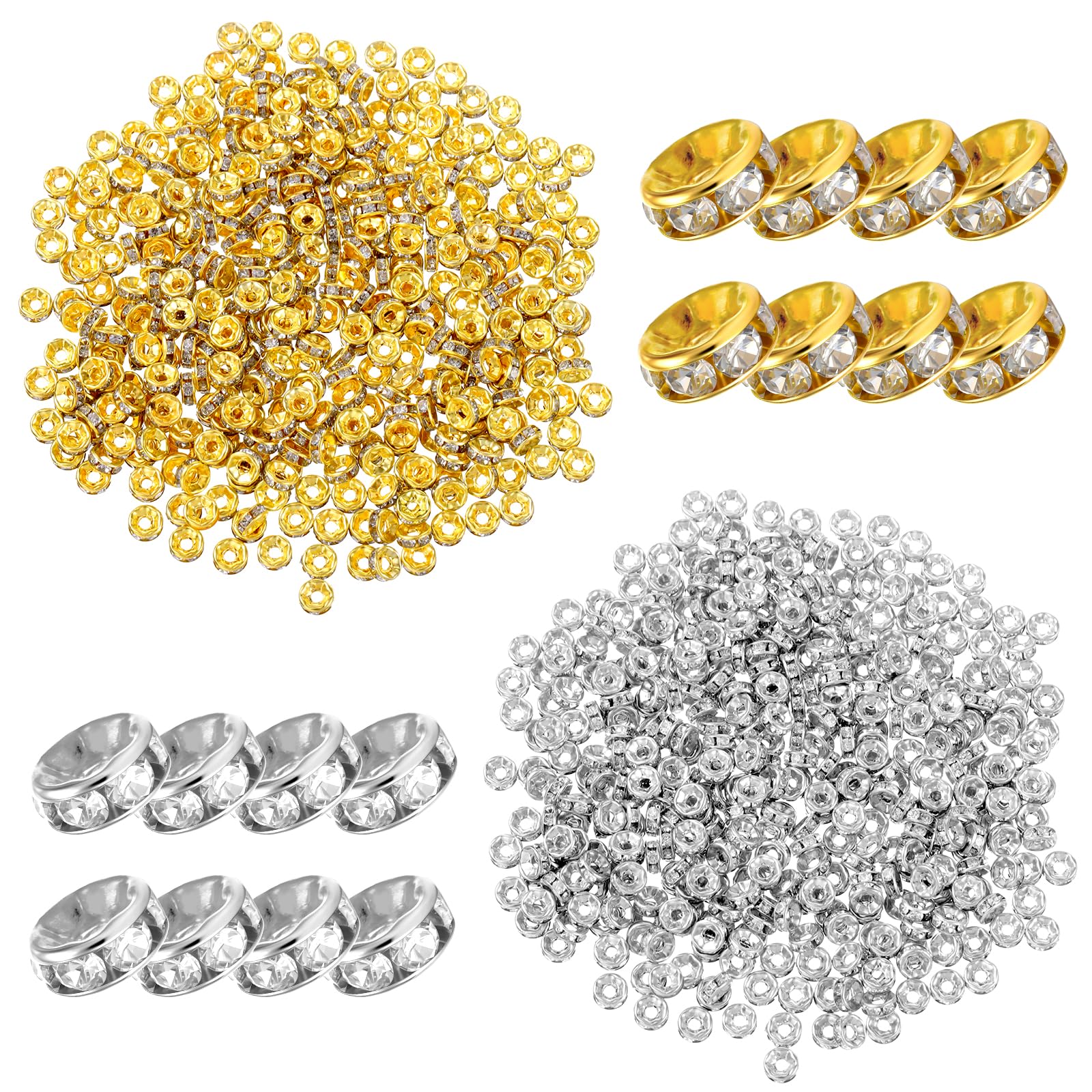 800 Pieces Rhinestone Spacer Beads Rondelle Spacer Beads Crystal Loose Charm Bead Spacers for Jewelry Making(6 mm,Gold, Silver)