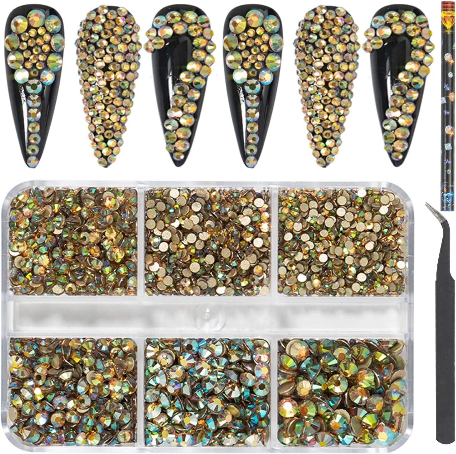 HNUIX Luxury 3D Champagne Multi-Size Nail Rhinestones Flatback Nail Charms Flat Bottom Crystals Nail Art 3D Decoration Gem Kit - (Color: Illusion Champagne)