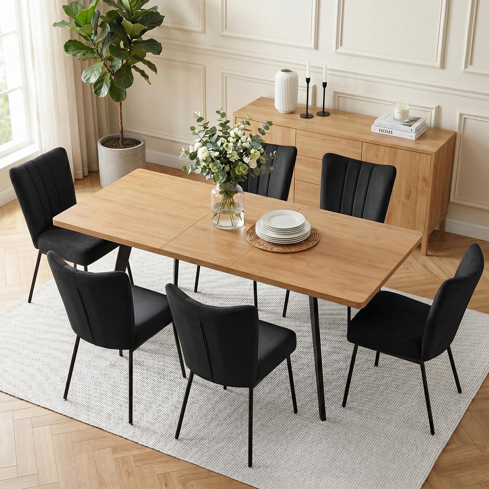 JIEXI Ausziehbares Esstisch-Set mit 6 Stühlen, platzsparender MDF-Tisch und stabilem Metallgestell, ideal für Esszimmer, Küchen und Wohnungen – Tisch in Eiche + Stühle mit schwarzem Samtbezug