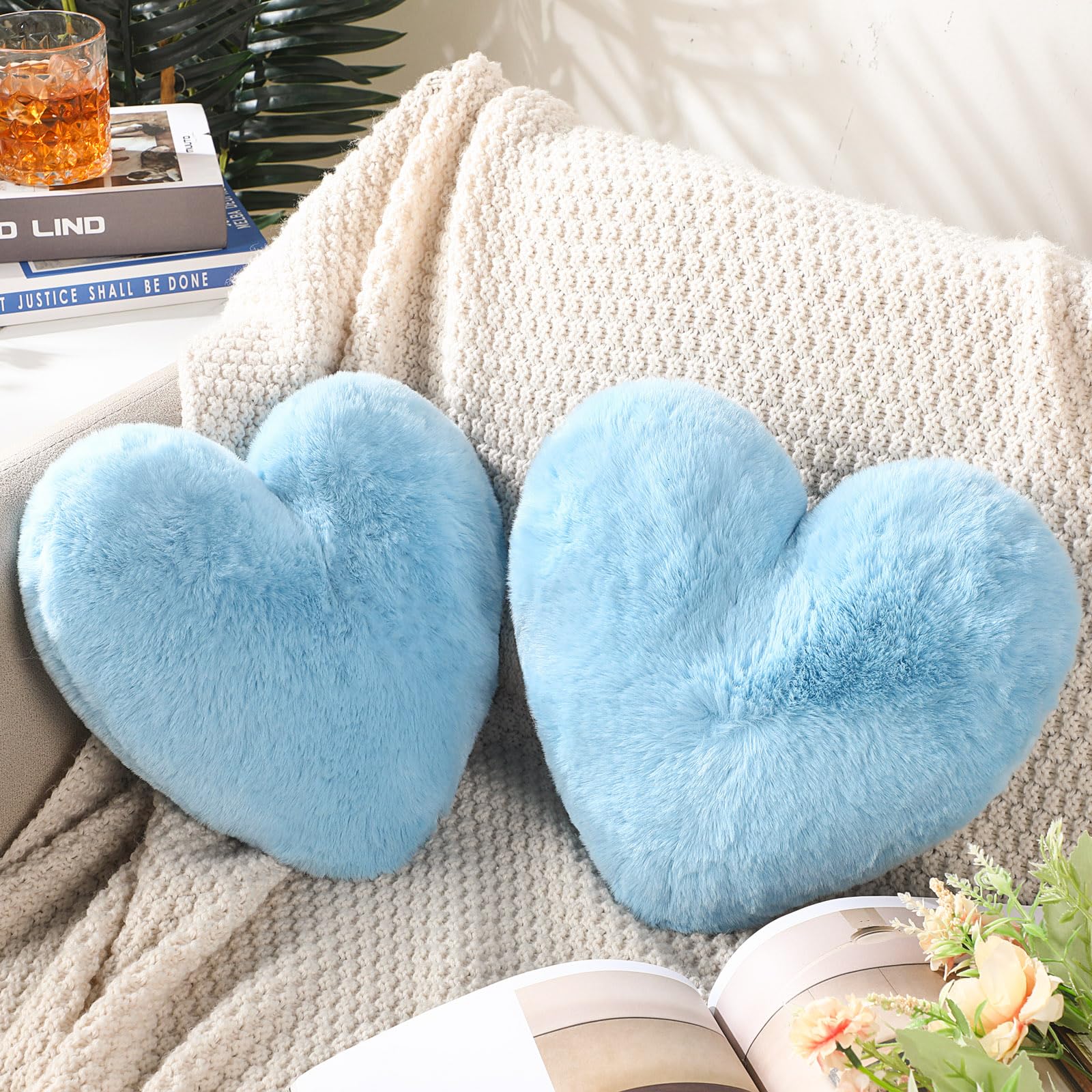 Marsui 2 Pcs Fluffy Heart Shaped Pillow Plush Cute Heart Shaped Throw Cushion Stuffed Decorative Gift Throw Pillow for Couch Bed Sofa Decoration Women(Baby Blue,11.81 x 11.02 Inch)