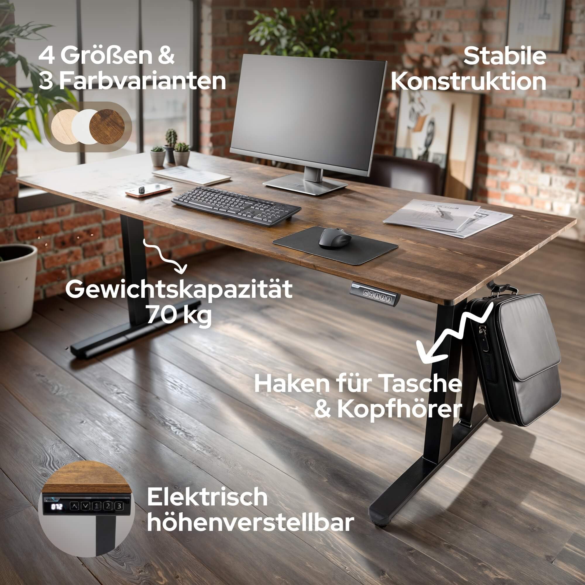 Arebos elektrisch höhenverstellbarer Schreibtisch 160x80 cm | Memory-Funktion | Verstellbarer Computertisch 72-118 cm | Standing Desk | ergonomischer Bürotisch | Steh-Sitz Tisch | Braun