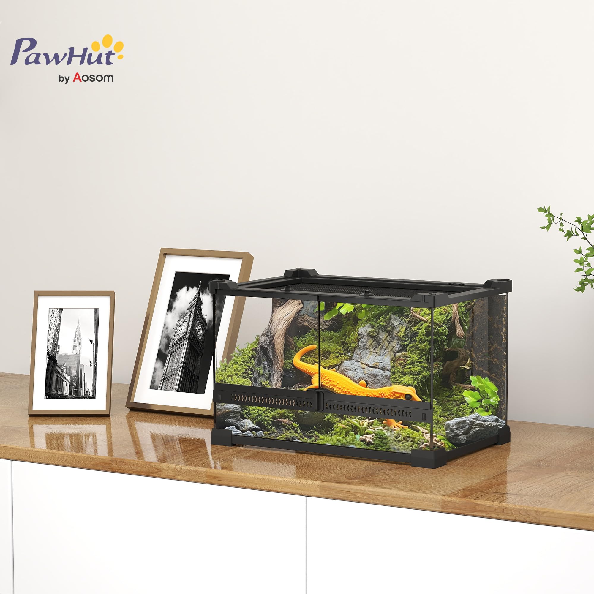 PawHut Terrario de vidrio para reptiles, vivero de reptiles con fondo de piedra, ventilación frontal, cerradura de botón a prueba de fugas, recinto de vidrio para lagartos, ranas con cuernos
