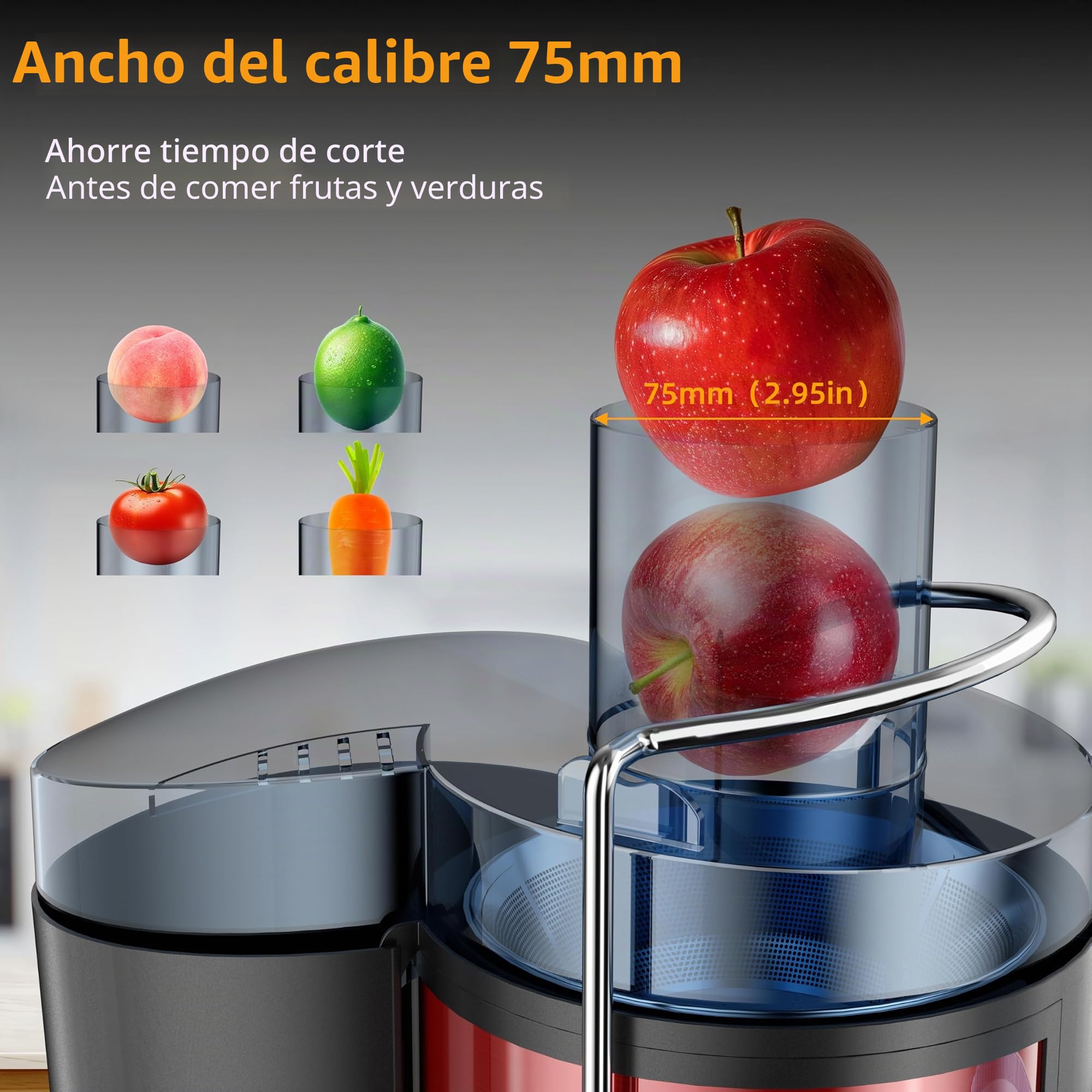 Licuadoras Para Verduras y Frutas, ajuste de 3 velocidades, extractor de frutas y verduras de 800W con boca ancha de 75 mm, fácil de limpiar, acero inoxidable sin BPA (Rojo-30)