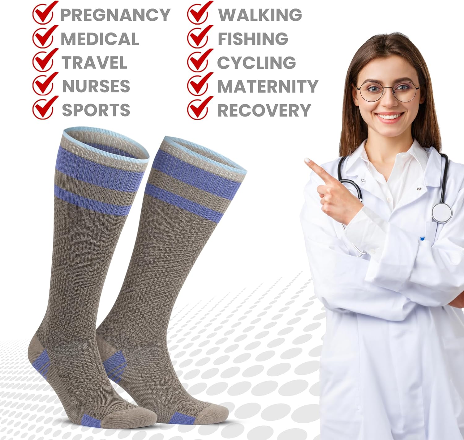 GoWith Unisex Knee High Compression Socks, 15-20 mmHg Rayon Made From Bamboo Socks, Breathable Travel Socks for Men & Women, Brown, Large, 2 Pair Mod: 3596