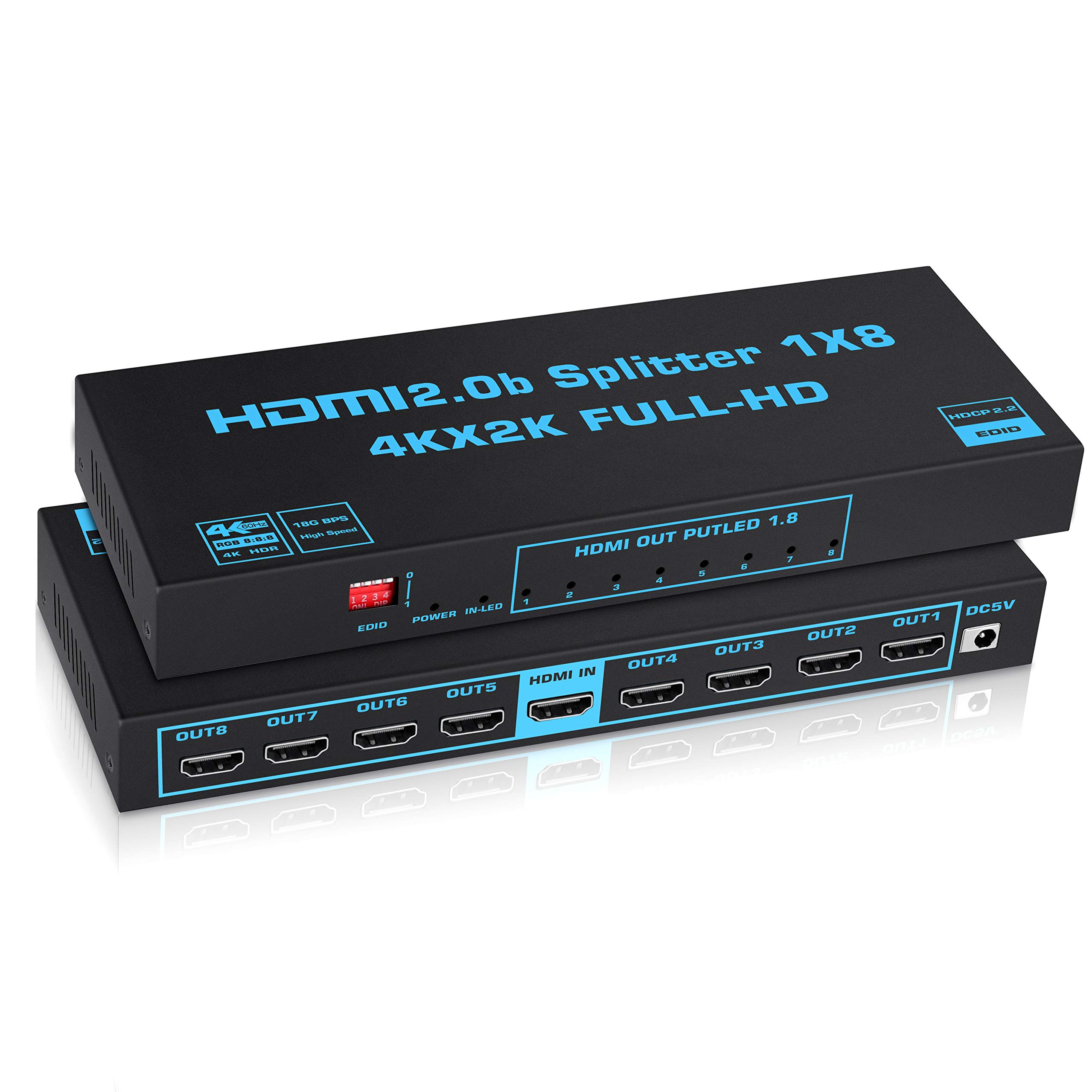 1x8 HDMI Splitter with EDID, avedio Links 4K@60Hz HDMI2.0b Splitter 1 in 8 Out Audio Video Distributor Box with Power Adapter, Support 3D HDCP2.2, RGB8:8:8, 18.5Gbps for PS5, Fire Stick