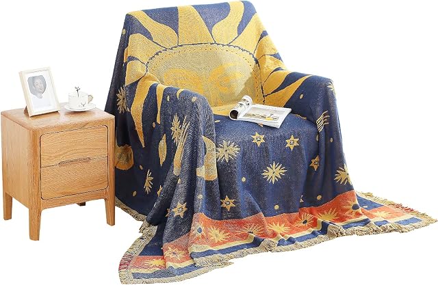 Dulcii Decorative 100% Cotton Woven Throw Blanket Sofa Towel Cotton Warm Slipcover 130 x 180cm (Sun Moon Stars)