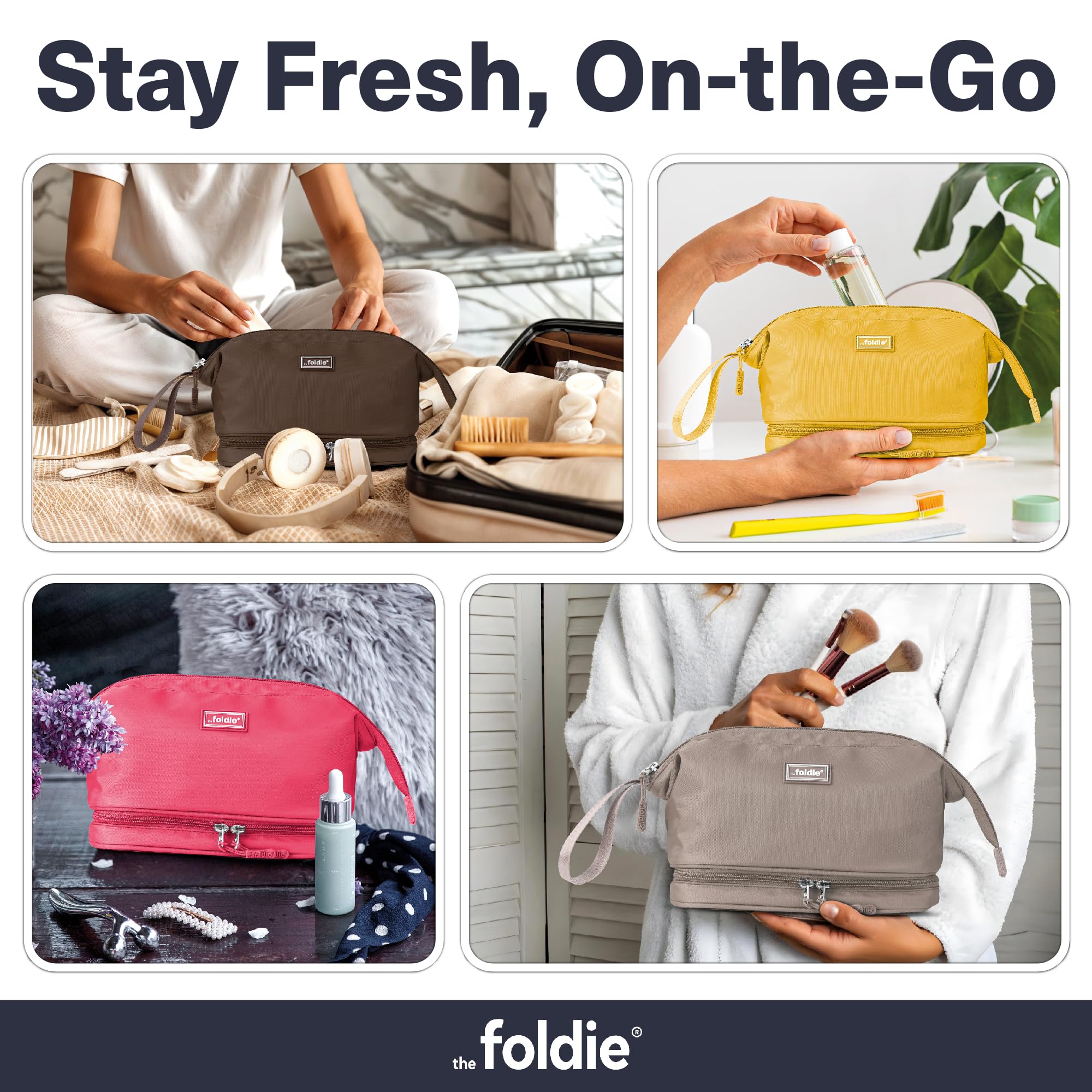 The Foldie® Neceser de viaje para hombres y mujeres, repelente al agua, lavable a máquina, organizador de maquillaje y cosméticos con múltiples compartimentos, Azul