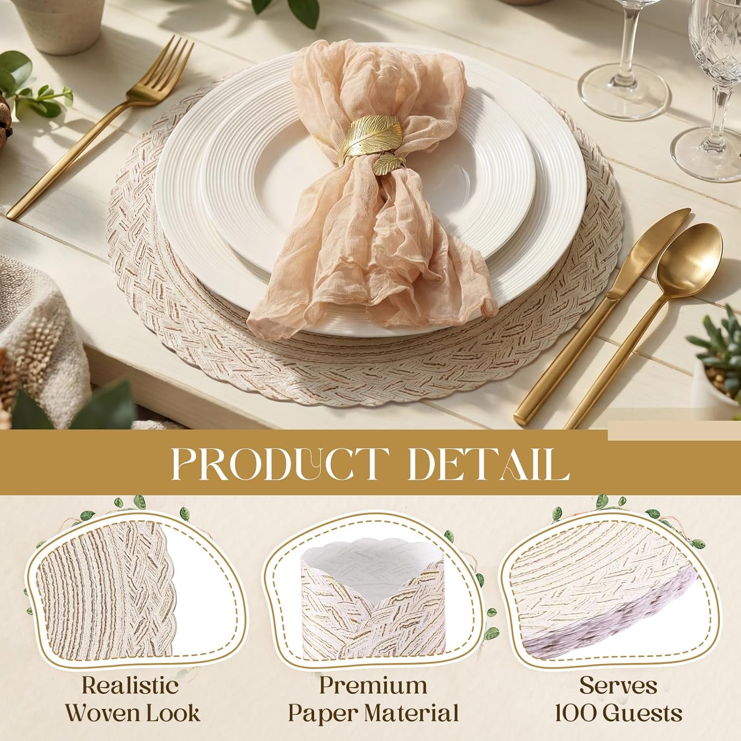 Geosar 100 Pcs Disposable Paper Placemats Cotton Woven Look 13'' Boho Round Placemats with Wavy Edge Rustic Table Pads Bulk for Dining Table Decoration Birthday Wedding Bridal Party(Beige)