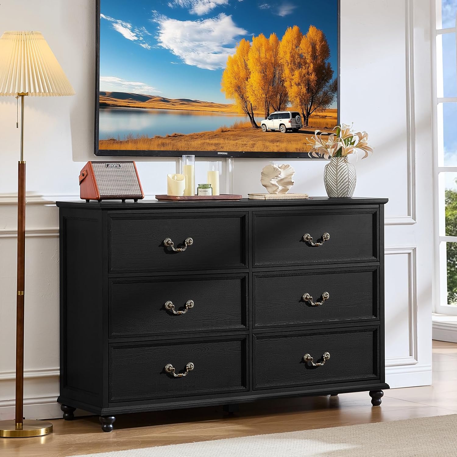 Joaxswe Farmhouse 6 Drawers Dresser for Bedroom, Vintage 54" Wide Chest of Drawers w/ 4 Wooden Legs, Rustic Large Closet Storage Dressers Organizer for Hallway, Wood TV Stand for Living Room, Black