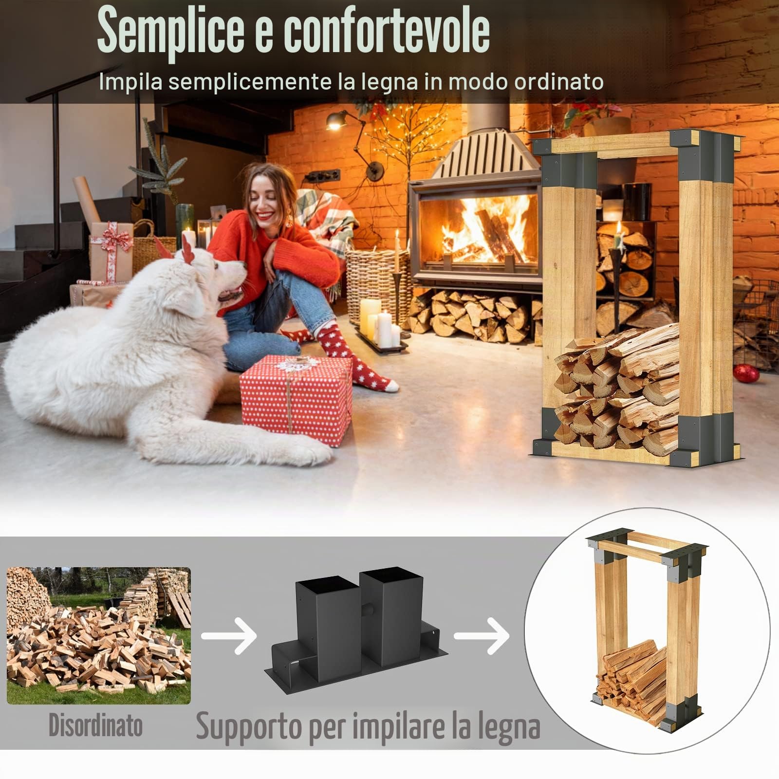 Aufun Supporti per impilare la legna da ardere, Robusto porta legna da ardere galvanizzato, Facile da installare, Nero, 4 pezzi