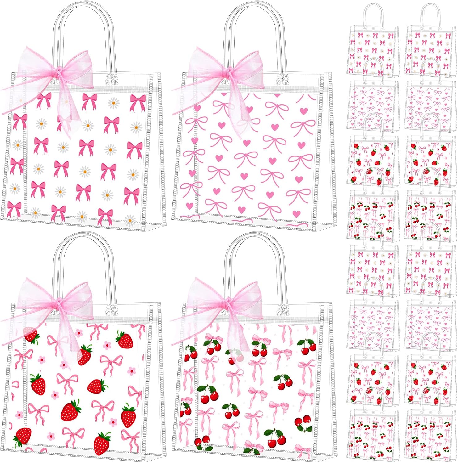 Kolldenn 48 Pcs Pink Bow Strawberry Cherry Gift Bags with Handle Ribbon Reusable Clear PVC Coquette Fruit Goodies Treats Totes Bulk for Christmas Birthday Baby Shower, 5.9 x 6.3 x 2.8 Inch