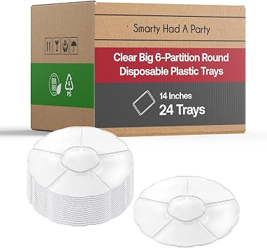 6-Partition Food Trays, Clear Big Disposable Plastic Dessert Condiment Serving Dishes, Candies, Slice Fruits Platters for Kids Party Supplies, Wedding & Other Occasions, 24 pcs