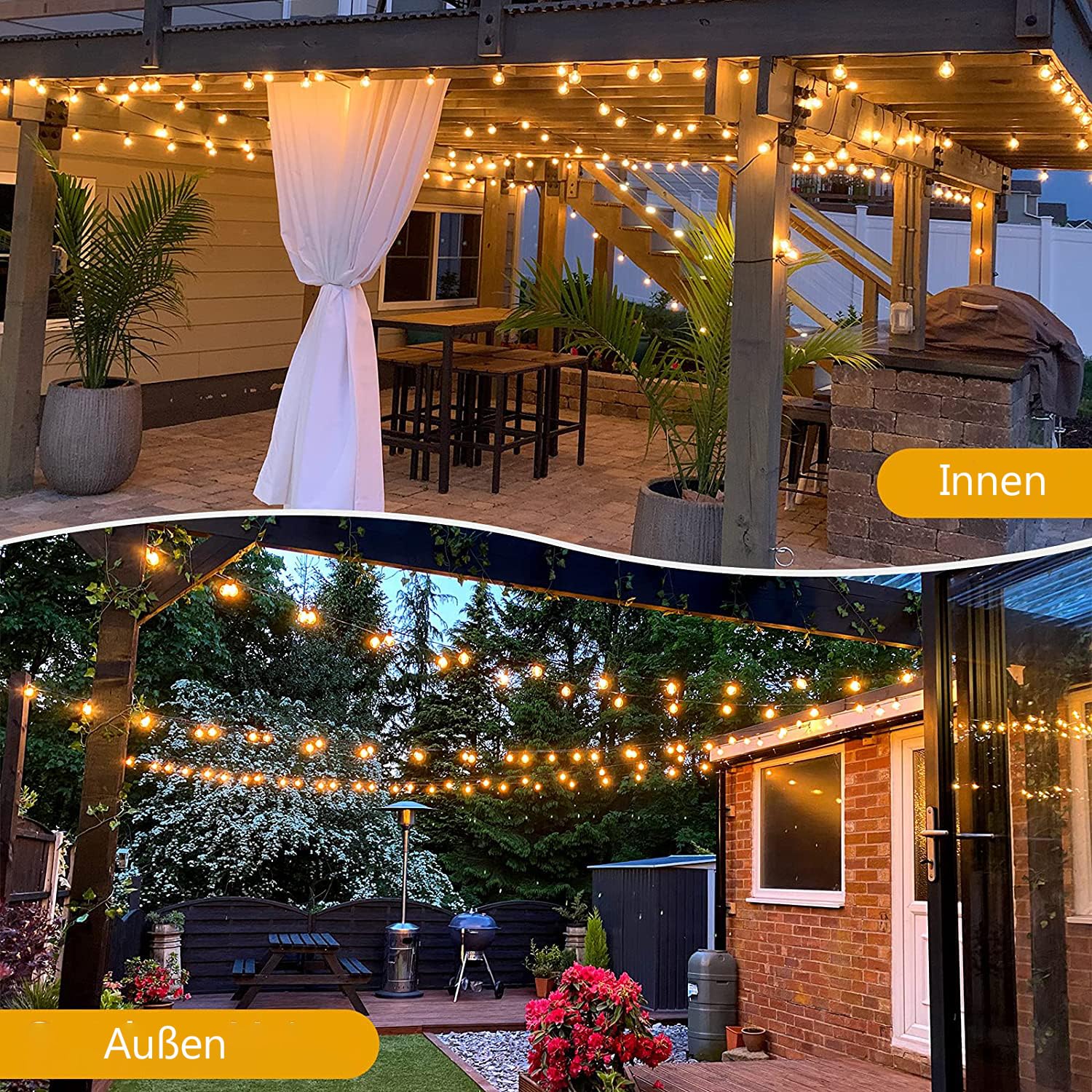 50 LED Lichterkette Außen Bunt, Lichterkette Außen Strom, 15M 24 Farben Wasserdicht IP65 G40 Glühbirnen Beleuchtung mit RGB Fernbedienung für Outdoor Weihnachten Garten Hof Hochzeit Party Balkon Deko