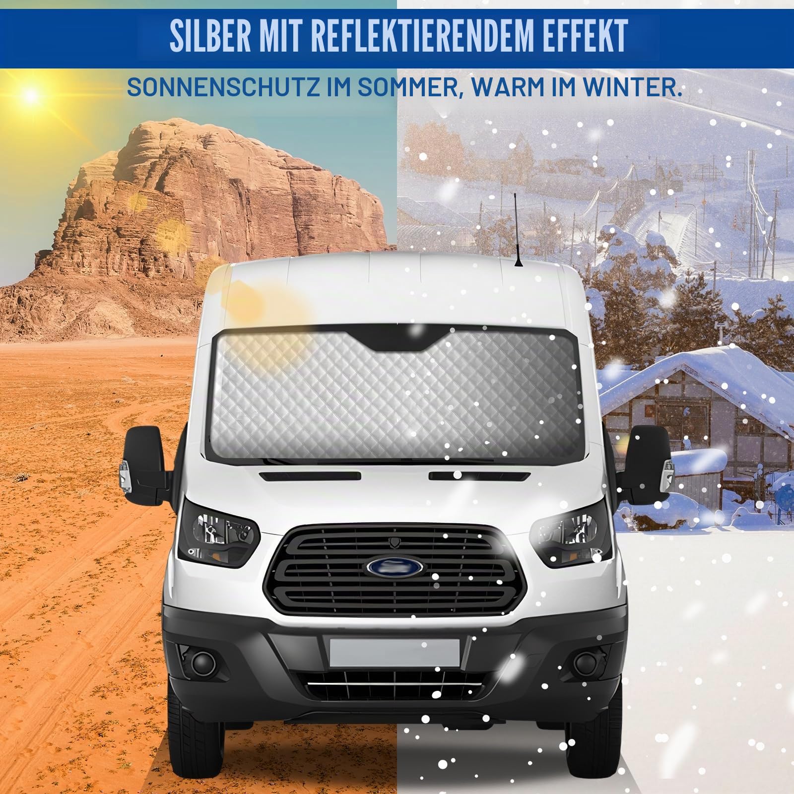 Innenliegender Thermo-Rollo für Transit Van MK8 2014–2024, 3-teiliges Sonnenschutz-Abdeckungs-Set, Sommer-Sonnenrollo und Winter-Windschutzscheiben-Isolierung, Windschutzscheiben-Schutz für