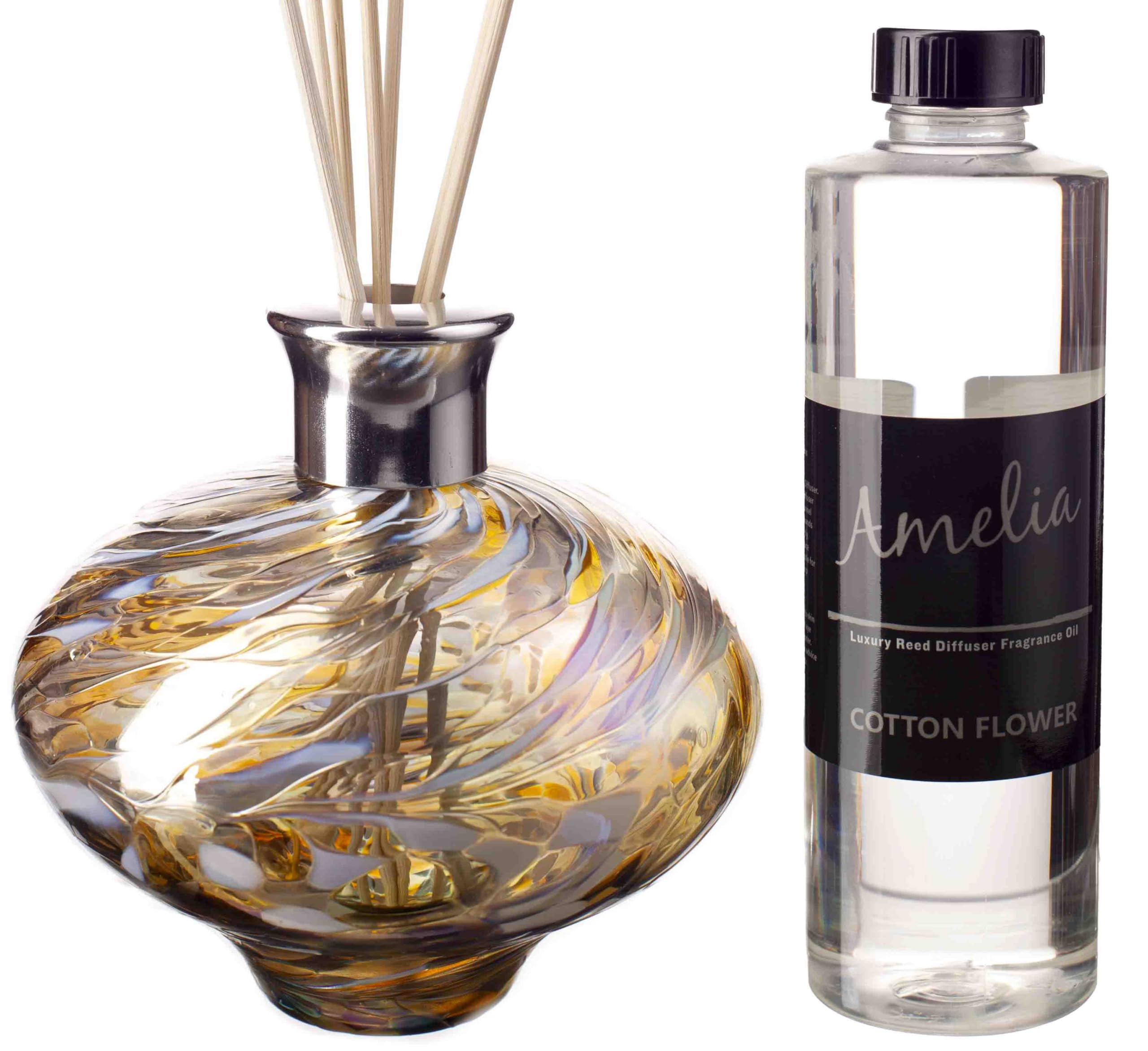 Oval Reed Diffuser Gold, Brown and White with Cotton Flower Fragrance