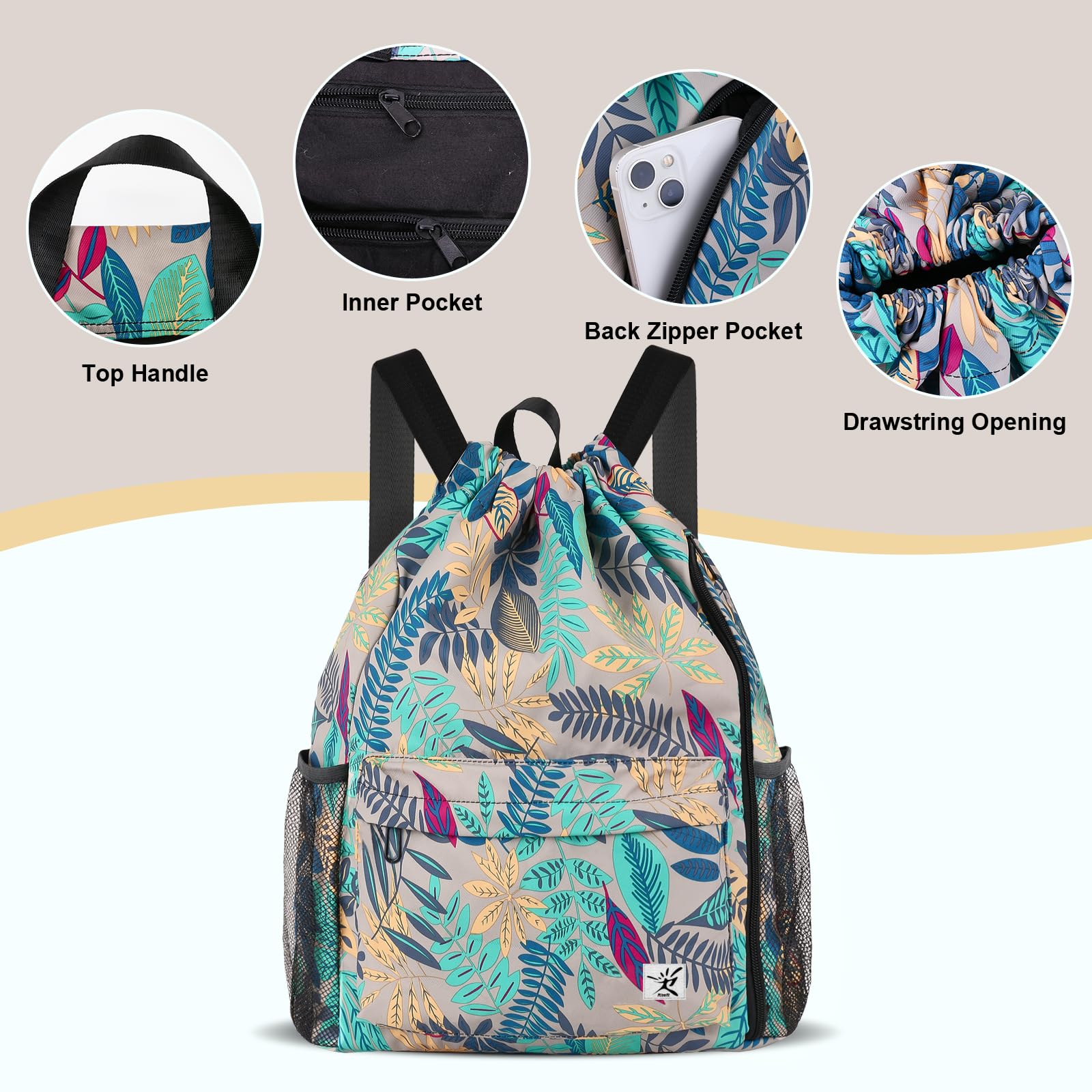 Risefit Drawstring Backpack with Mesh Pockets String Gym Bag Sackpack Sandproof Water Resistant Beach Backpack for Men Women - Image 4