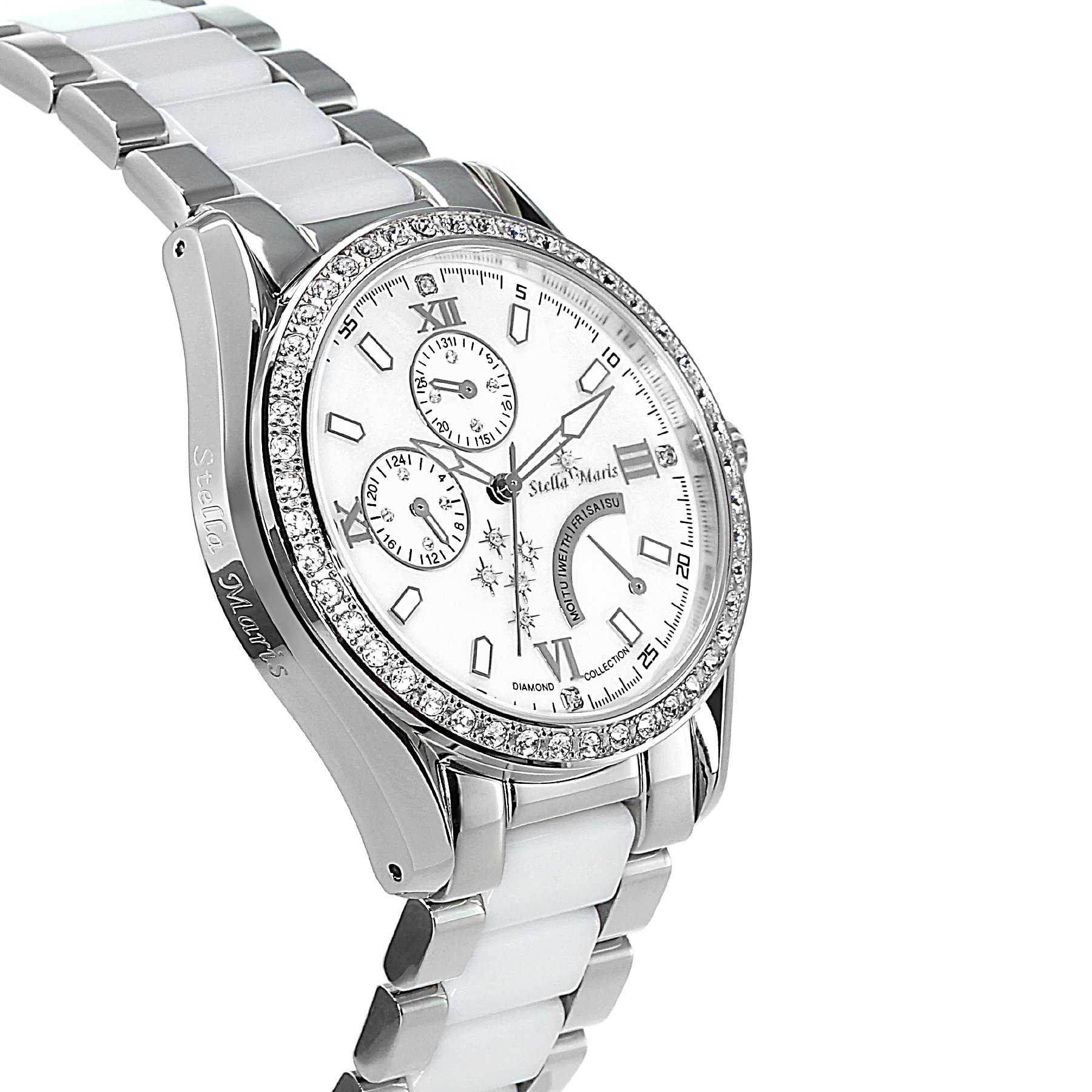 Stella Maris Damen Armbanduhr Analog Quarz Uhr Stilvolle Elegante Damenuhr Frauenuhr Weiß Silber Premium Keramik Armband Diamanten Swarovski STM15M1