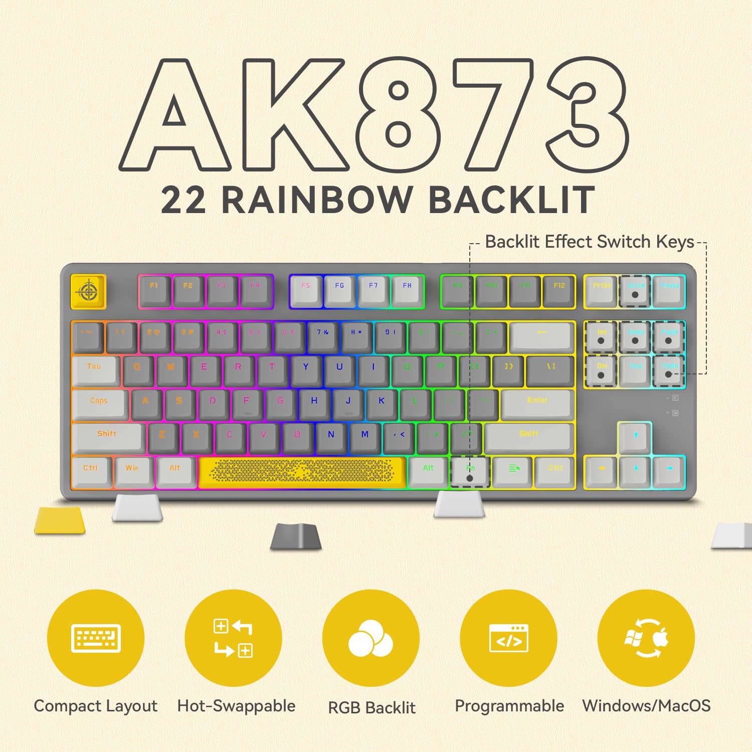 A.JAZZ AK873 Tastiera da Gioco 75%-Tastiera Meccanica con Interruttore Rosso Hot Swappable-Cavo USB C a Spirale-RGB 87 Tasti PBT Keycap-Coperchio Top Magnetico Staccabile per PC/Mac-LightGrey