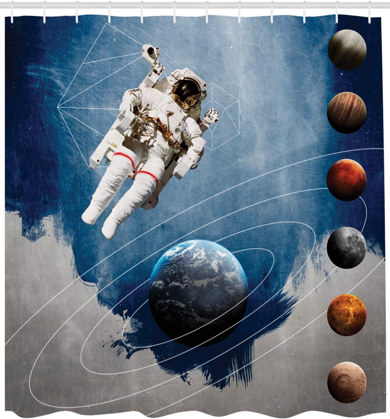 Ambesonne Outer Space Shower Curtain, Planetary Circles with Geometric Neptune Astral Rocket Vintage Print, Cloth Fabric Bathroom Decor Set with Hooks, 69" W x 70" L, Blue White