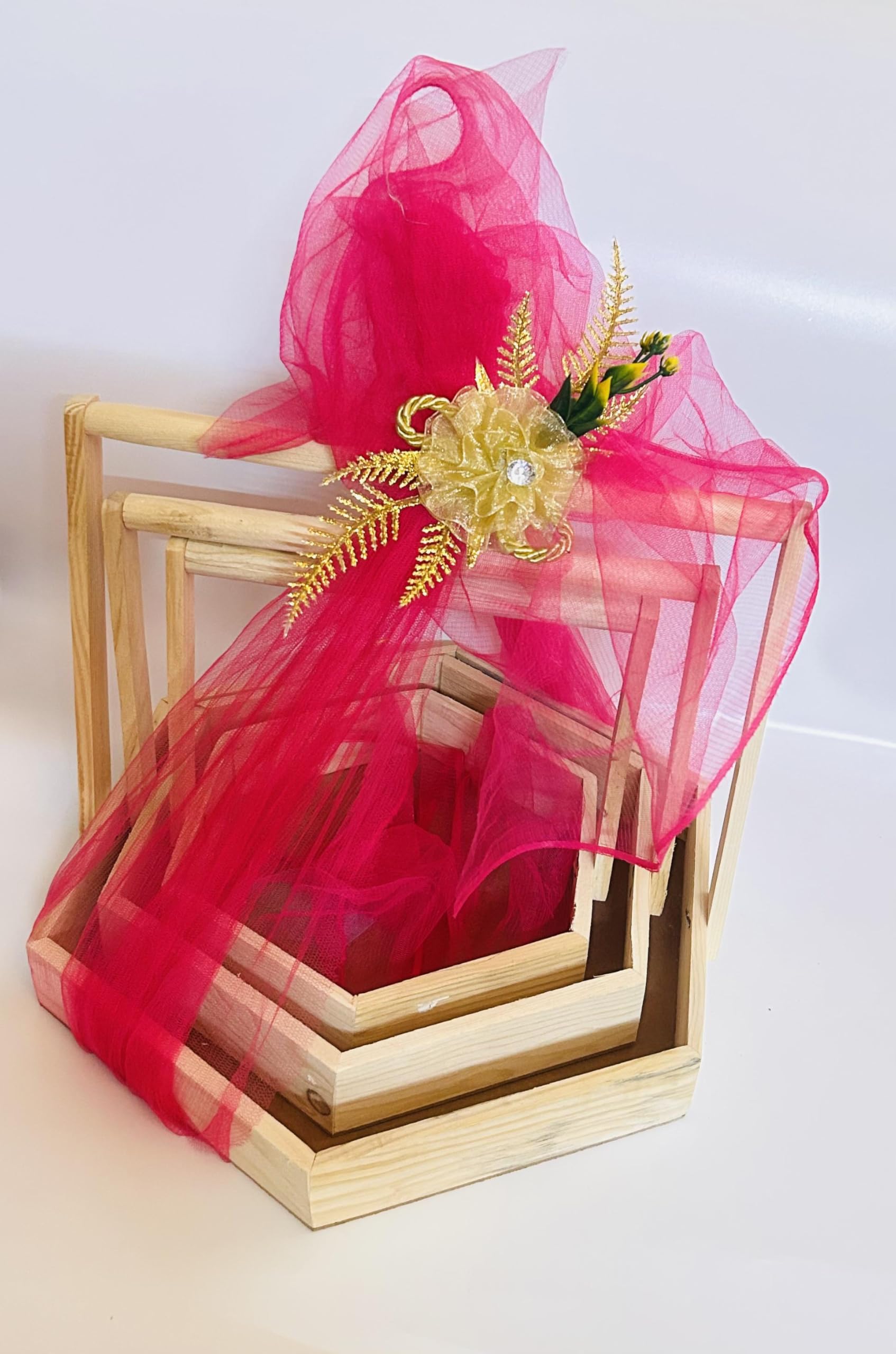 Vayu Art & Crafts Wooden Hexagonal Gift Hamper Basket, Festival gift hamper tray, Gift Packaging Basket, Pack/Combo Of 3, with Net & Flowers-image-4