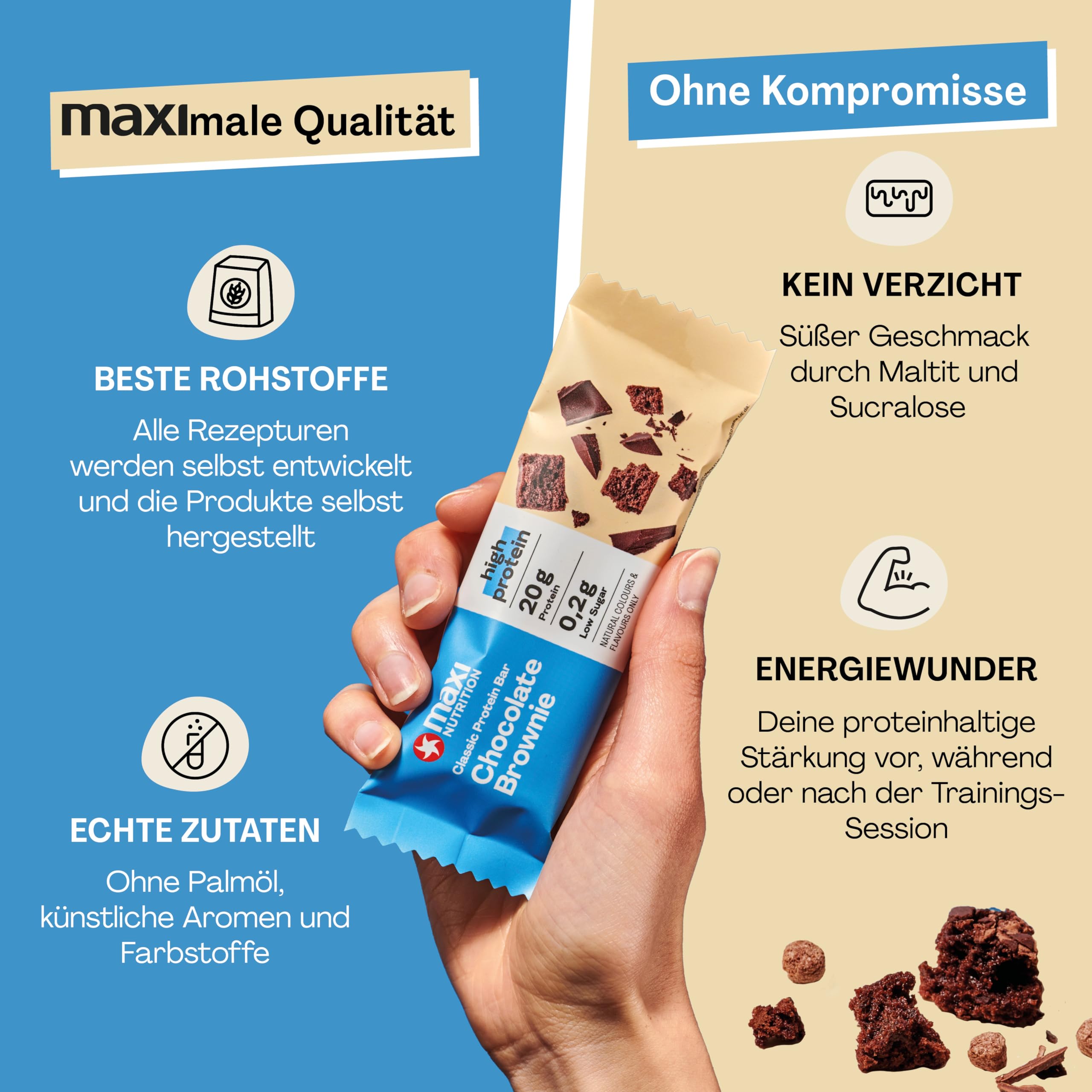 MaxiNutrition Classic Protein Bar Chocolate Brownie 16 x 40g - Protein Riegel mit 50% Eiweiß, 20g Protein pro Riegel, low sugar (0,2g), ohne Zuckerzusatz, ohne künstliche Aromen/Farbstoffe