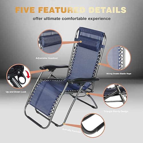 Miniatura 4 de Juego de 2 sillas de gravedad cero reclinables para exteriores, para jardín, playa, gris (azul)