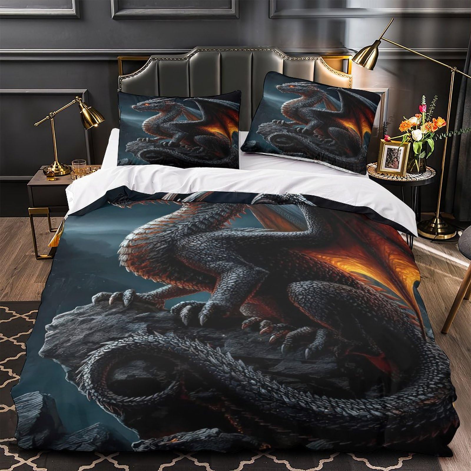 Housse de couette dragon 135x200 parure de lit 3D hypoallergénique zip