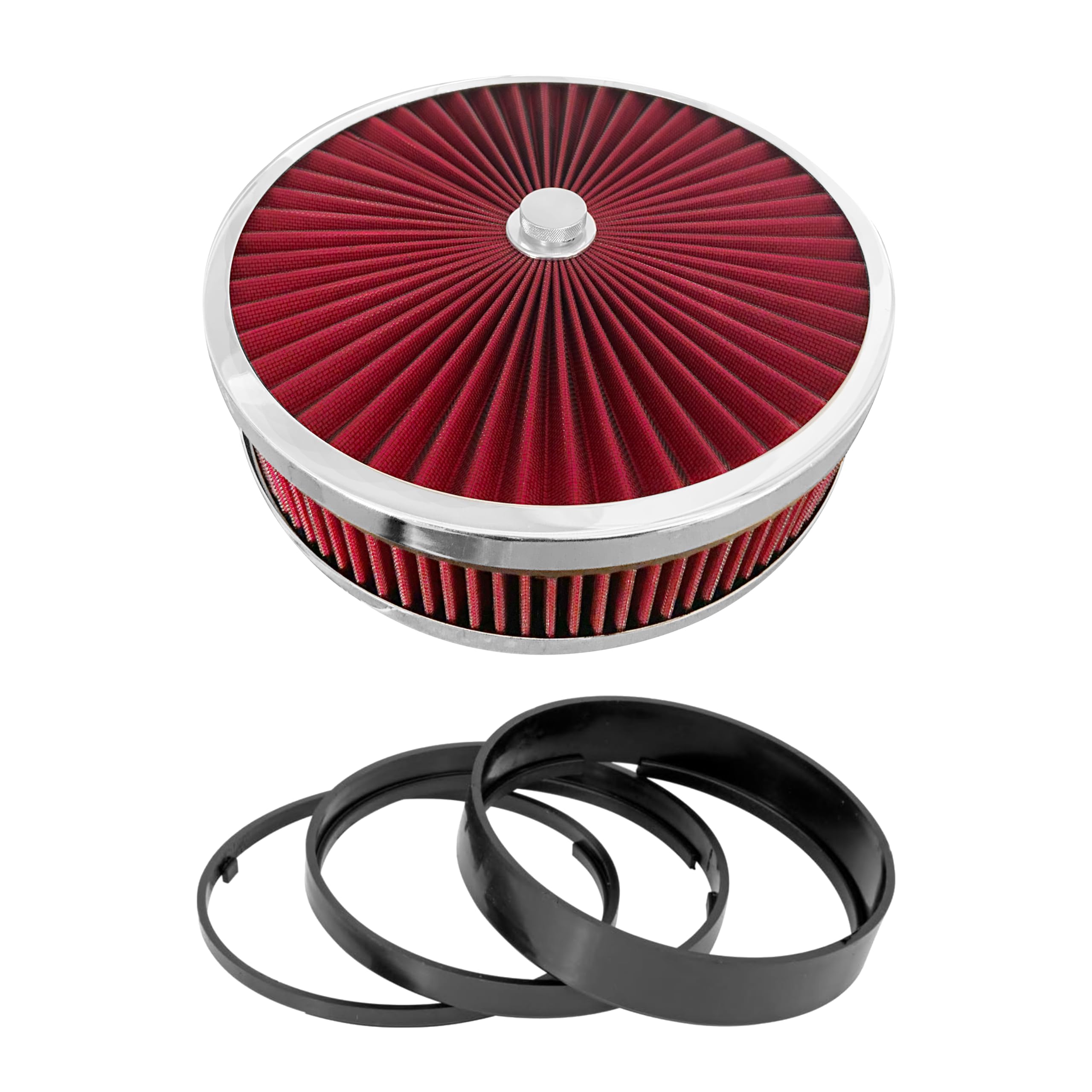 Super Flow Round 14''X2'' Air Filter Assembly Kit RED, Washable and Reusable, with Mounting Stud & Wing Nut & Air Cleaner Riser Kit, for 4 Barrel
