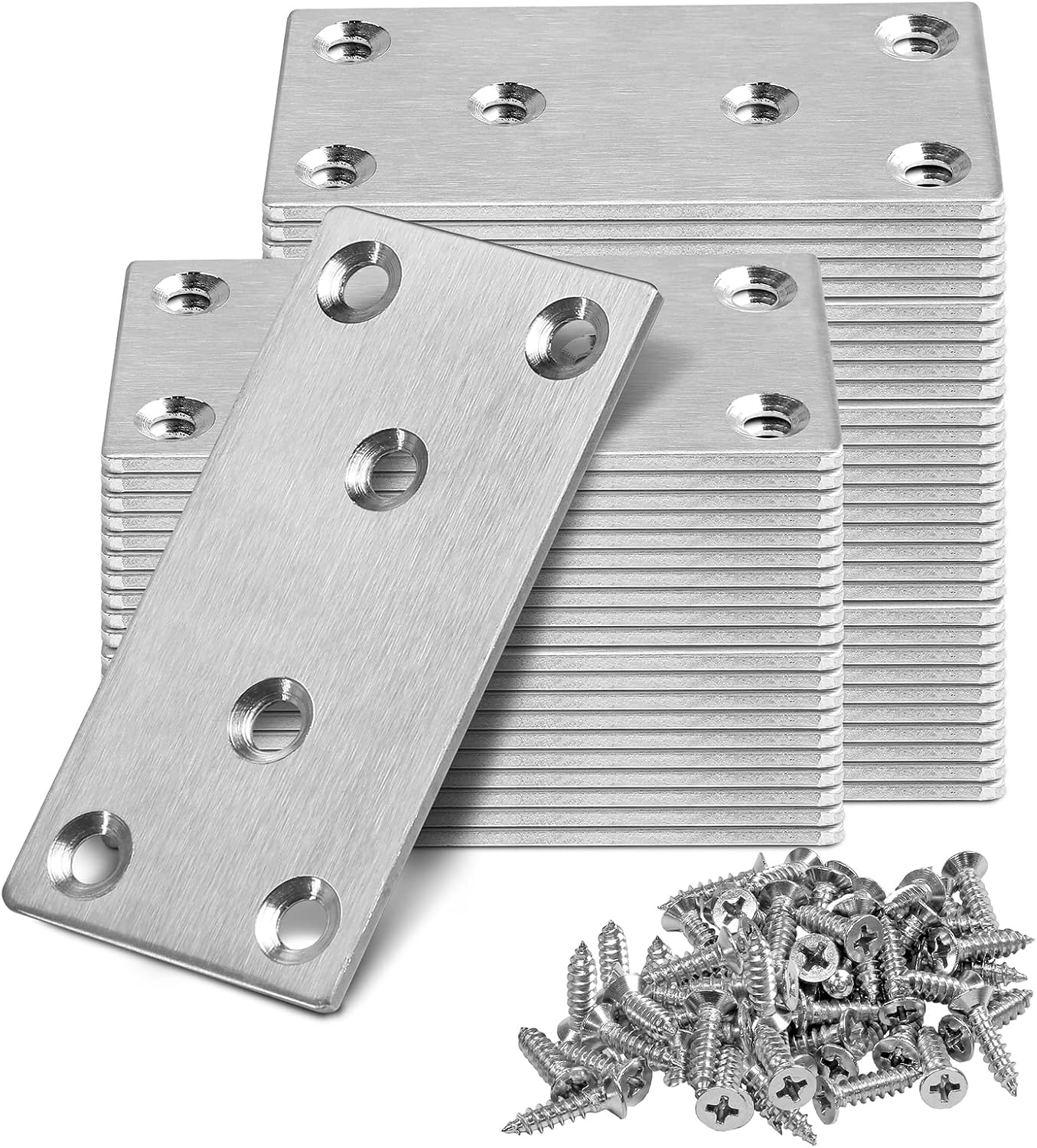 80 x 40 x 2mm Flat Straight Brace Bracket, Masendelk Silver Flat Mending Plate Stainless Steel Fixing Corner Brace for Wood Furniture (3.15 x 1.57 Inch, 50 Pcs)