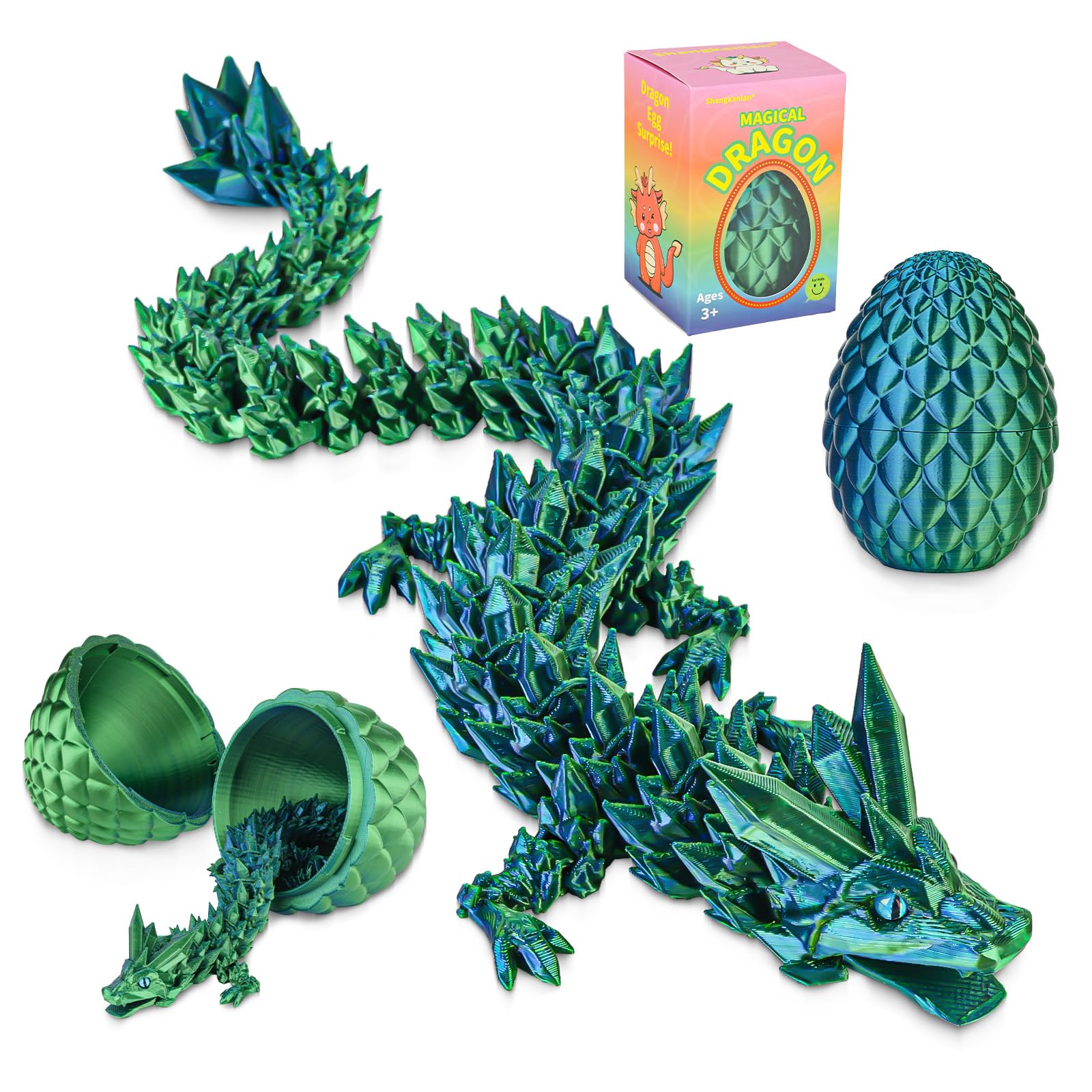 3D Printed Dragon Egg with Dragon (30cm) Inside - Articulated Dragon Toy with Movable Mouth & Eyes, Easter for Teens Adults Collectors (Laser Green)
