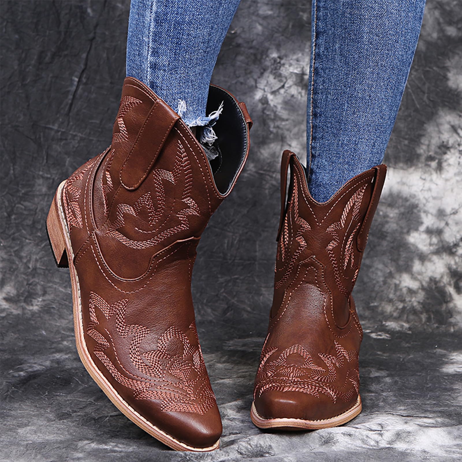 UMore Botines para Mujer Chelsea Botas Cuero Bajo Bloque Tacón Invierno Antideslizante Botas Retro Bohemio Empalme PatrónEstilo Cremallera